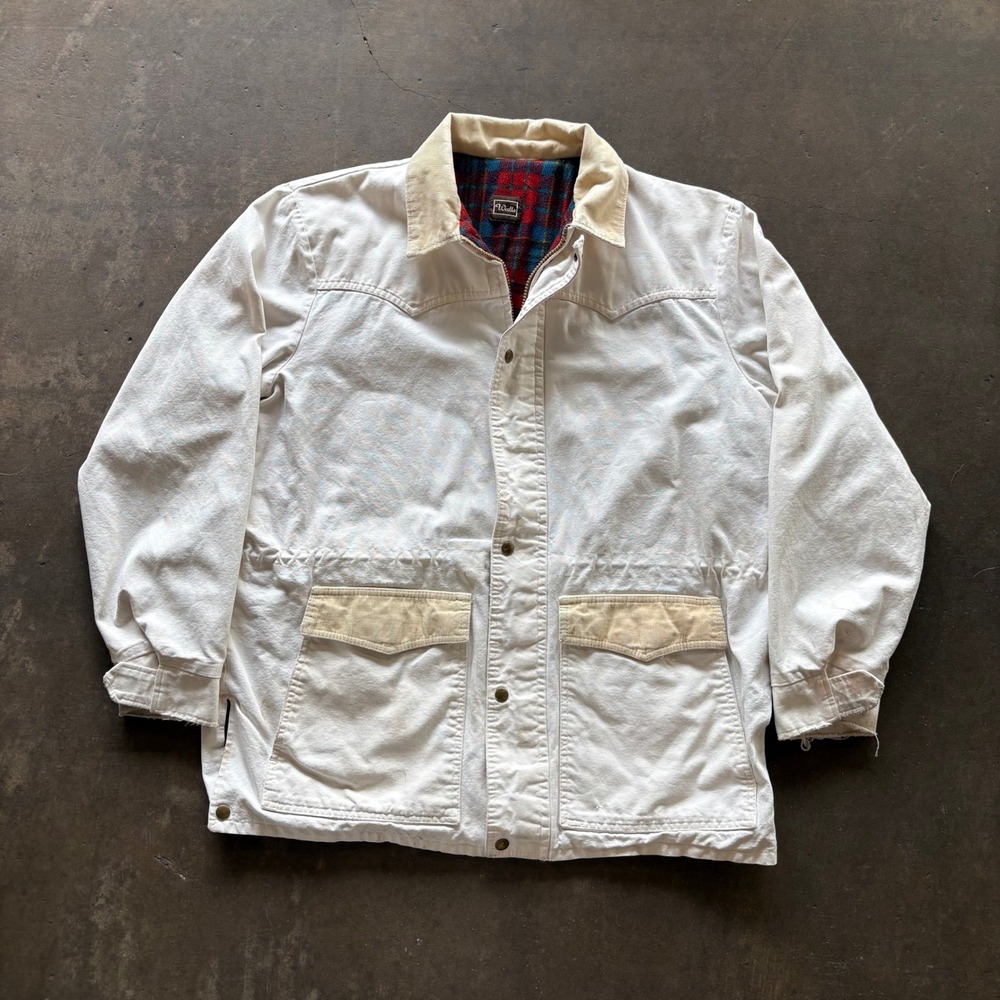 Vintage Walls Western Jacket Mens White Canvas Coat Plaid Lined Ranch XL V8
